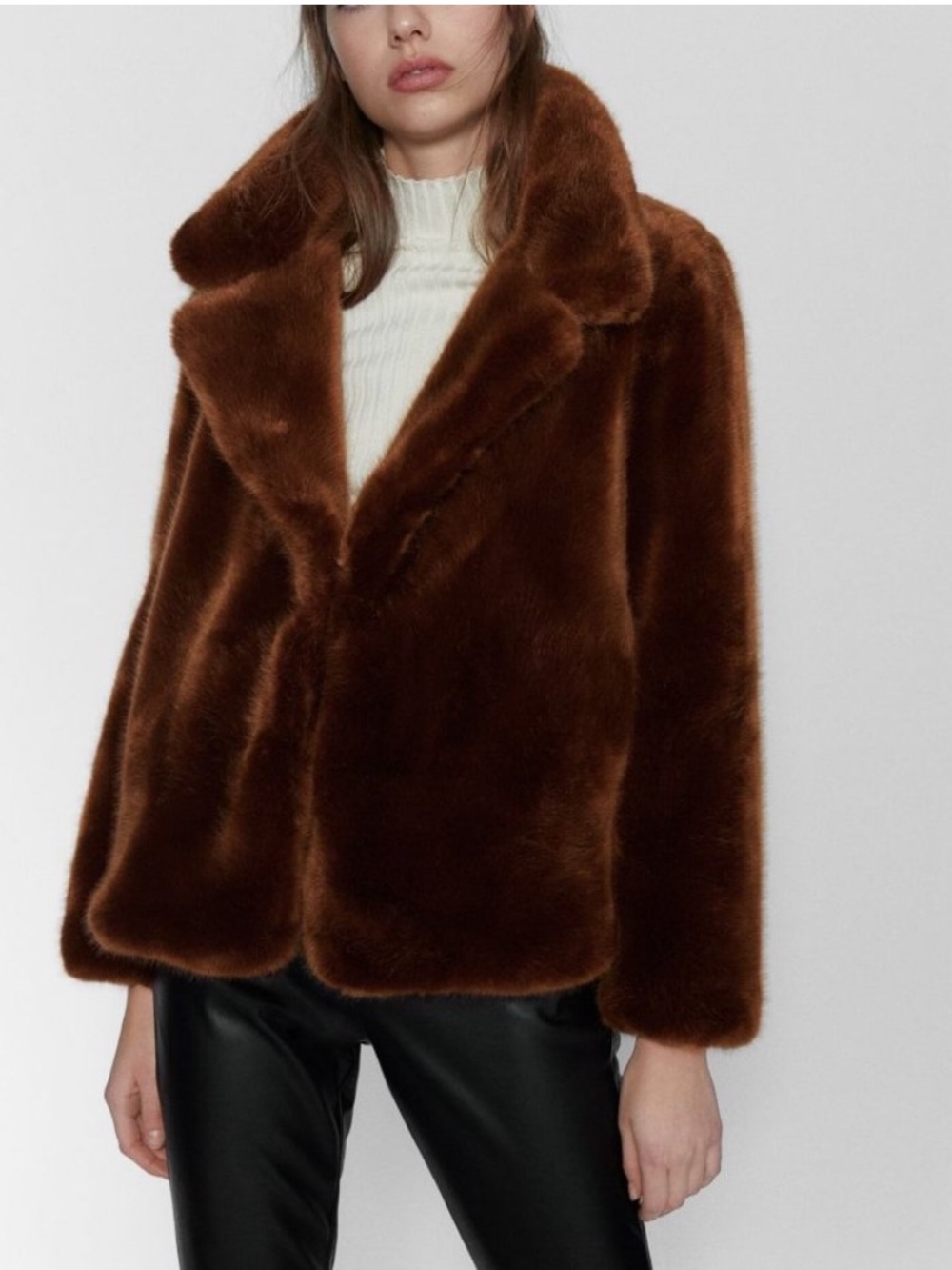 ZARA Brown Faux Fur Jacket Cropped Plush Teddy Coat